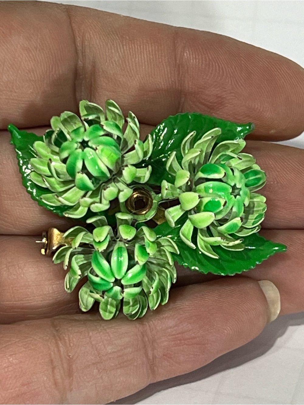 Vintage Green White Enamel Floral Brooch Pin Layered Flower Bouquet